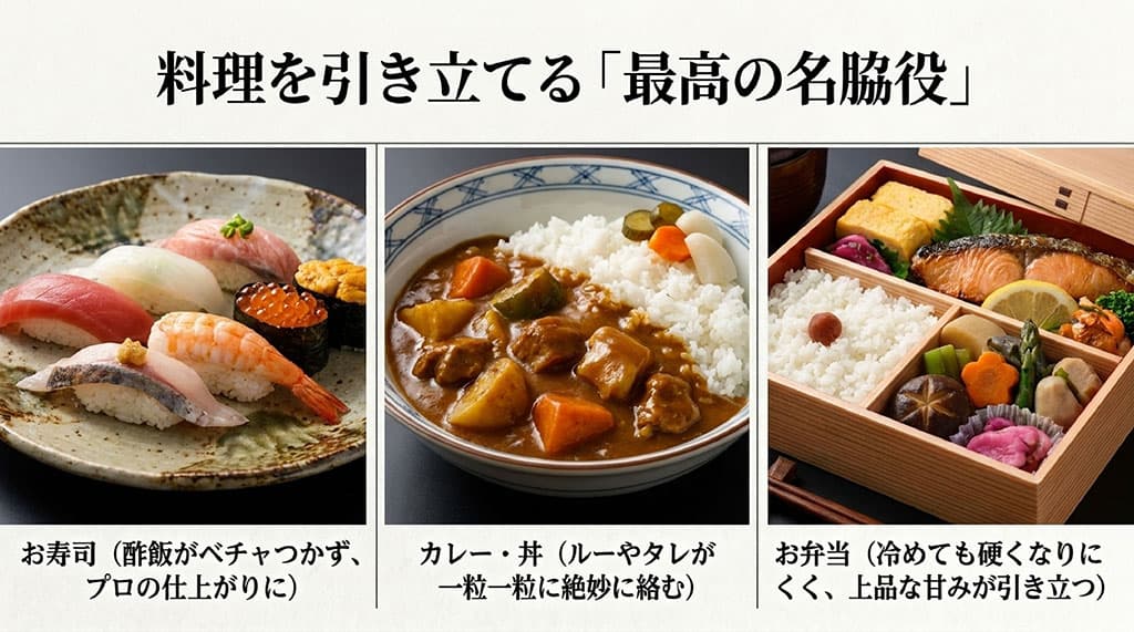 料理を引き立てる最高の名脇役としてのお寿司、カレー・丼、お弁当