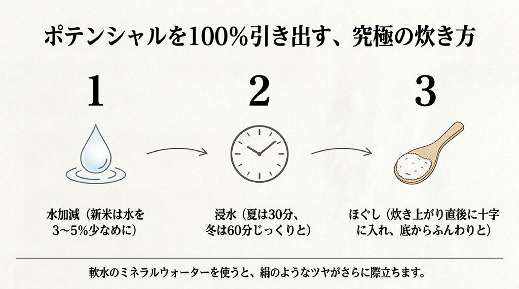 水加減、浸水、ほぐしの3ステップでポテンシャルを100%引き出す究極の炊き方