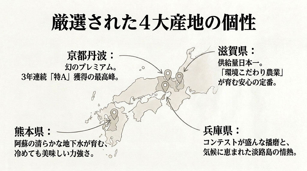 京都丹波、滋賀県、熊本県、兵庫県など厳選された4大産地の個性