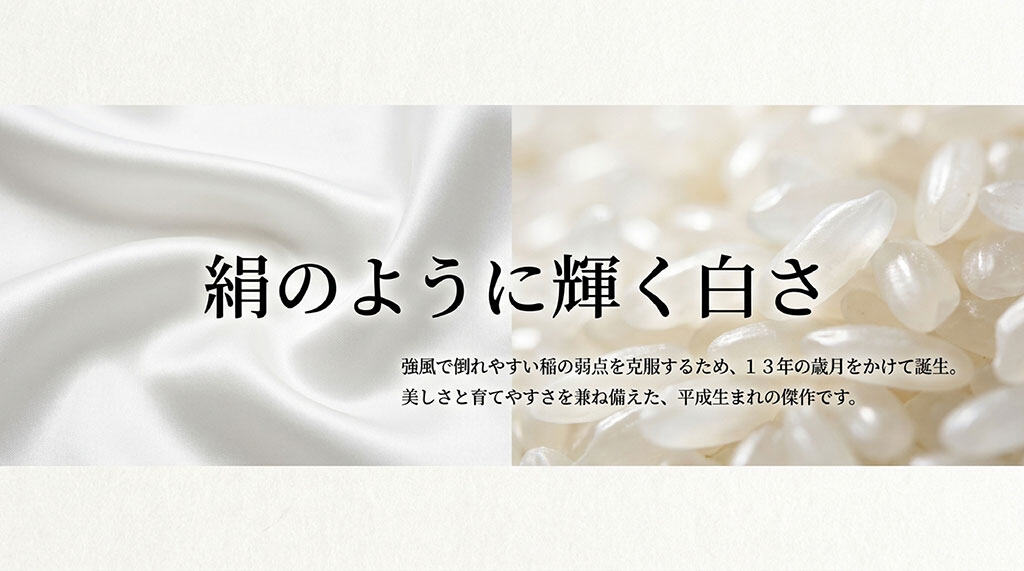 絹のように輝く白さと、強風で倒れやすい稲の弱点を克服したキヌヒカリの特徴