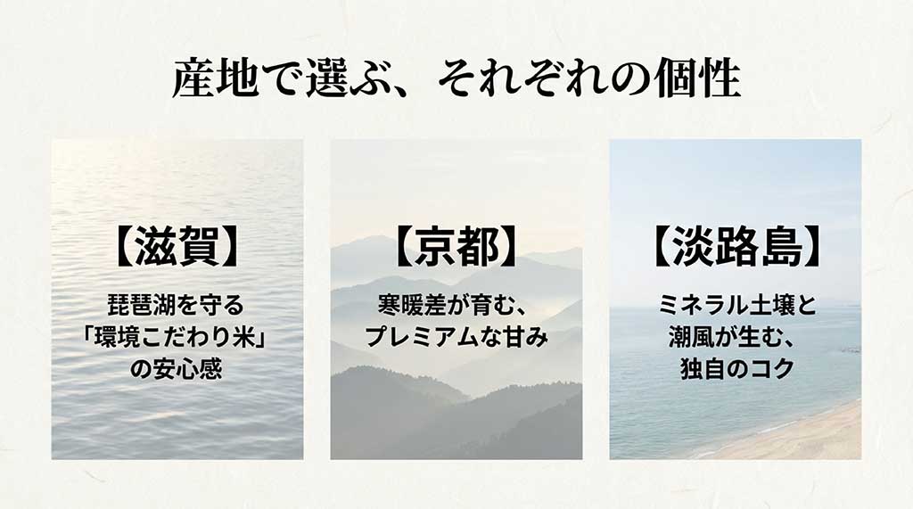 滋賀、京都、淡路島の産地ごとの特徴。環境こだわり米や寒暖差、ミネラル土壌について