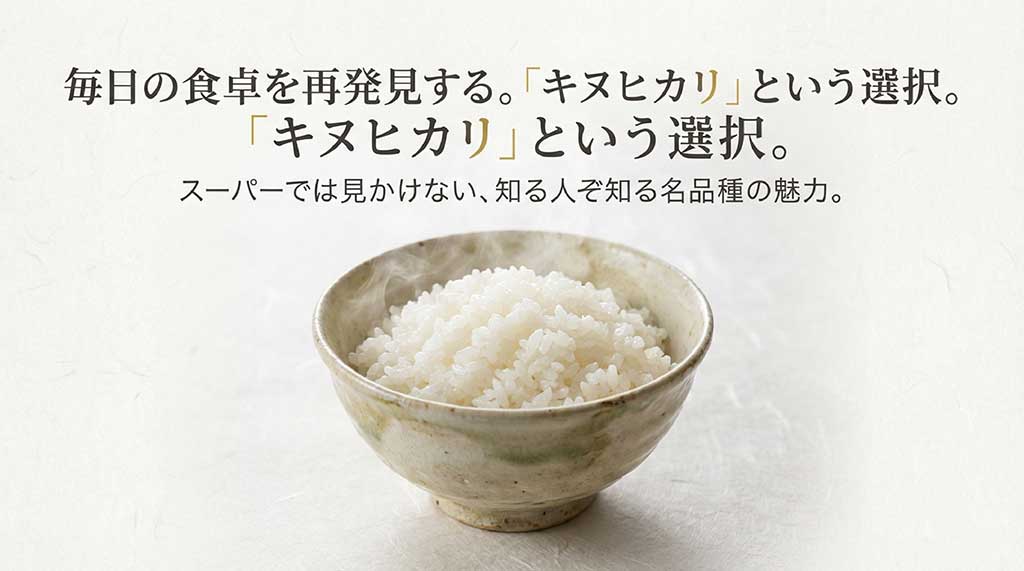キヌヒカリの紹介スライド。スーパーでは見かけない名品種の魅力を伝えるタイトル