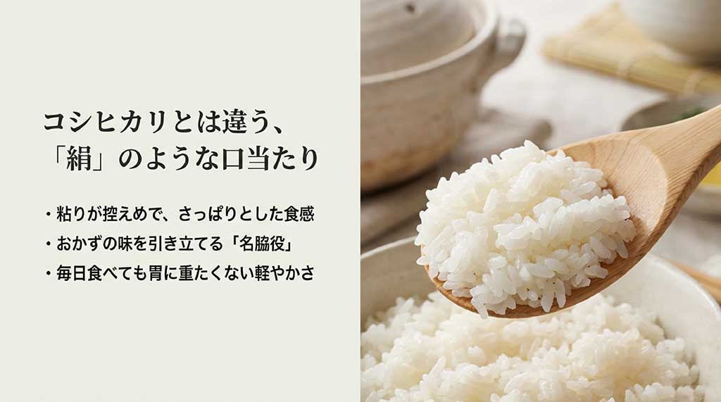 キヌヒカリの食感の特徴。粘り控えめでさっぱり、おかずを引き立てる軽やかさを説明
