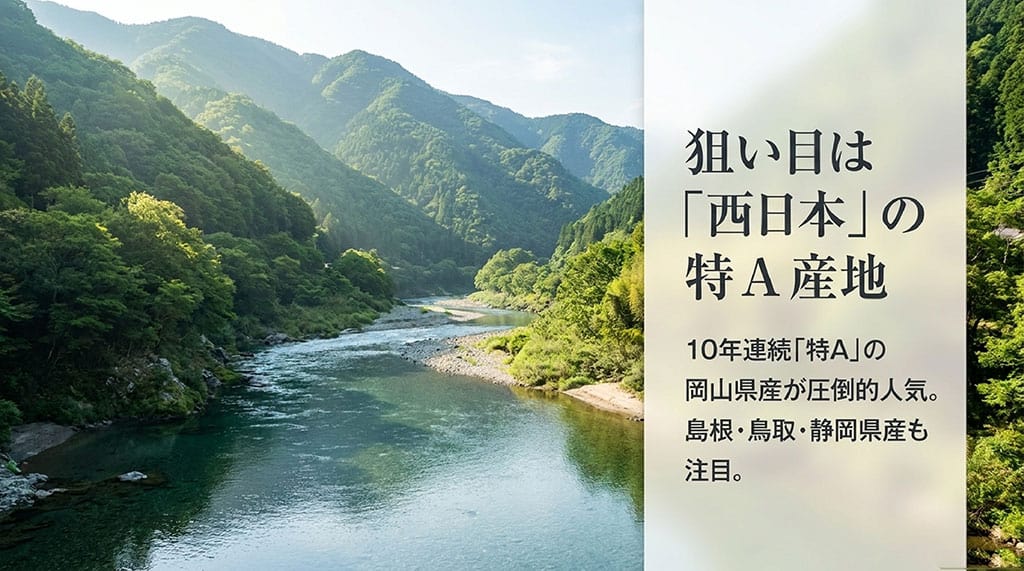 10年連続特Aの岡山県産をはじめ、島根・鳥取・静岡県産など、西日本を中心としたきぬむすめの注目産地を紹介するスライド。