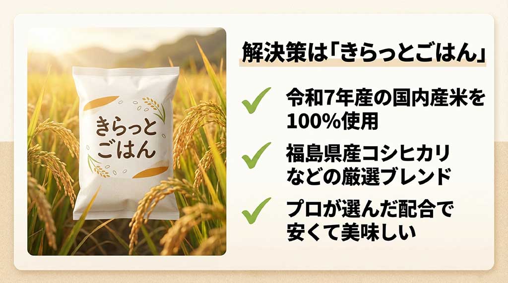 解決策は「きらっとごはん」。令和7年産国内産米100%使用、福島県産コシヒカリ等の厳選ブレンド