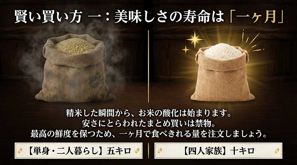 お米の鮮度を保つため、単身・二人暮らしは5kg、四人家族は10kgを1ヶ月で食べきるのが目安