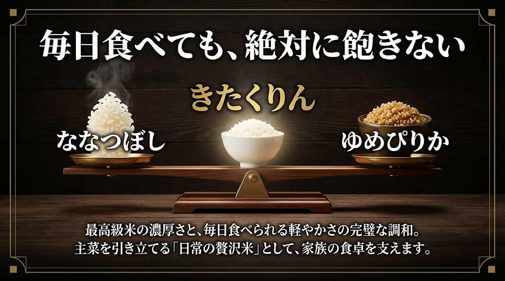 きたくりんは、最高級米の濃厚さとななつぼしの軽やかさを併せ持つ、毎日食べられる贅沢米