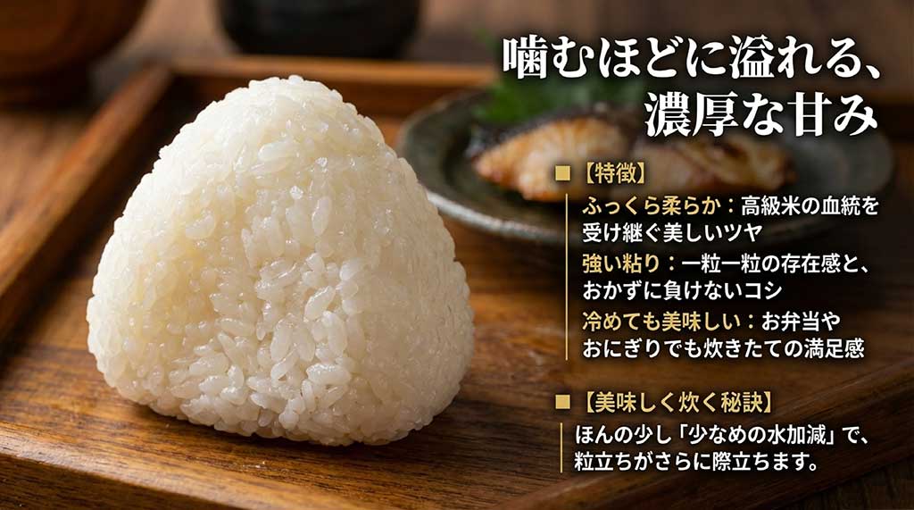 きたくりんの食感はふっくら柔らかく、強い粘りが特徴。美味しく炊く秘訣は少なめの水加減