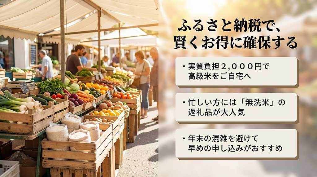 実質負担2,000円で高級米を確保できることや、人気の無洗米、早めの申し込みを推奨するスライド
