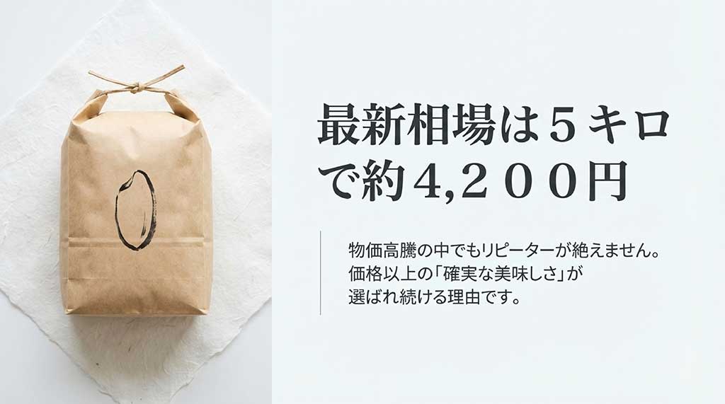 5キロで約4,200円という最新相場と、物価高騰の中でも選ばれ続ける理由を説明する画像