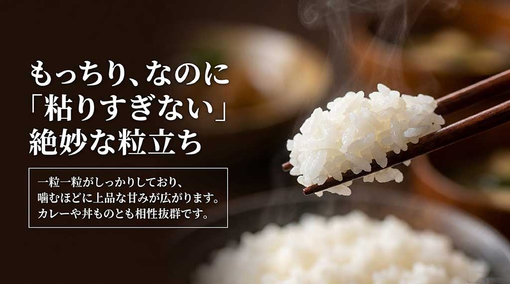 もっちりしているが粘りすぎない粒立ちの良さと、カレーや丼ものとの相性が抜群であることを示すスライド