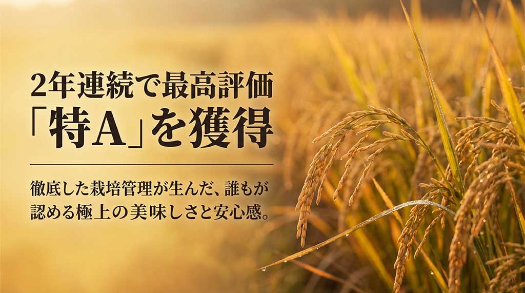 米の食味ランキングで2年連続最高評価「特A」を獲得したことと、徹底した栽培管理を説明する画像
