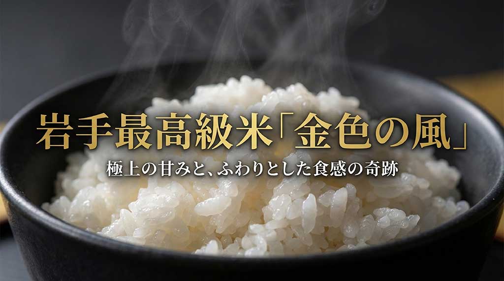 岩手県の最高級ブランド米「金色の風」のロゴと、ふわりとした食感を表現したキャッチコピー