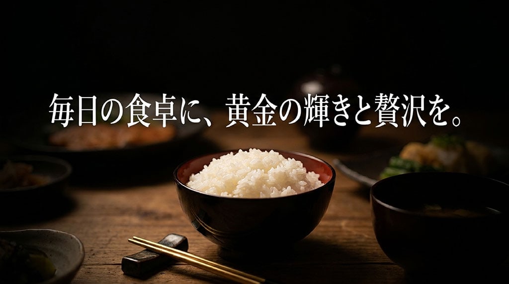 毎日の食卓に、黄金の輝きと贅沢を、というメッセージが書かれた金色の風のまとめスライド。