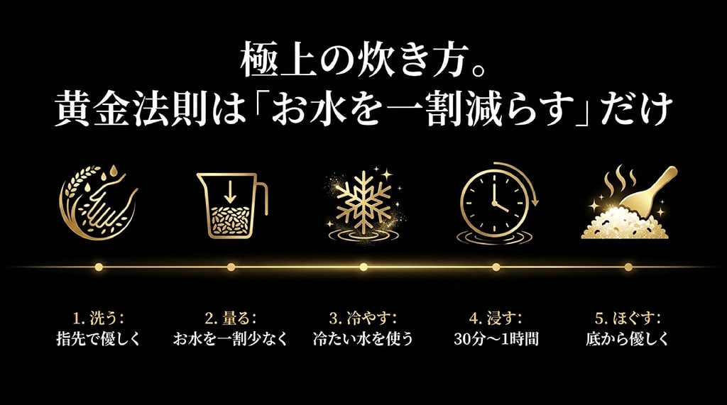 金色の風を極上に炊き上げるステップとして、1.指先で優しく洗う、2.お水を一割少なく量る、3.冷たい水を使う、4.30分から1時間浸す、5.底から優しくほぐす、を解説したスライド。