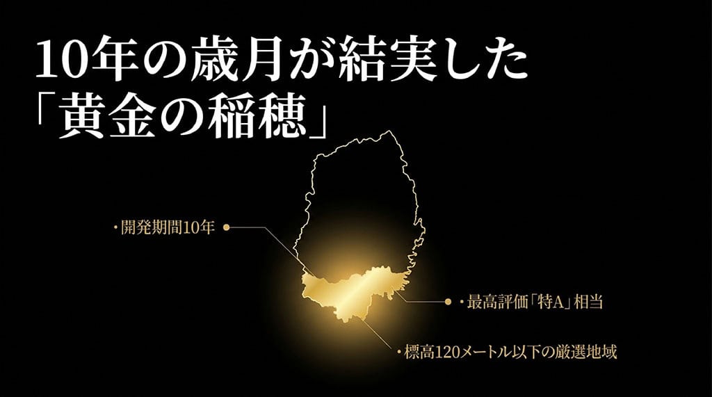 金色の風は開発期間10年、最高評価「特A」相当、標高120メートル以下の厳選地域で栽培されていることを示すスライド。