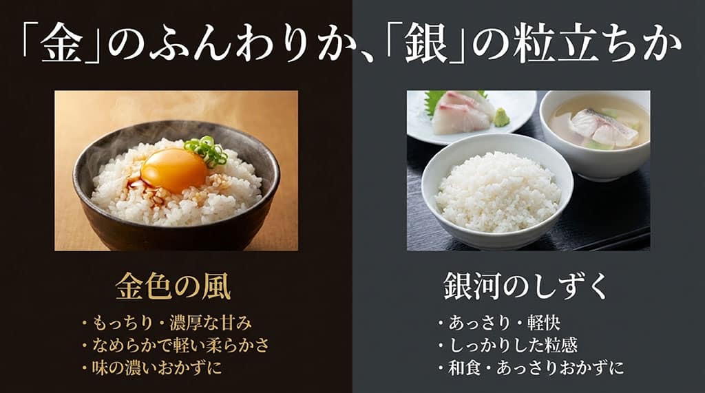 金のふんわり(もっちり・濃厚な甘み)か、銀の粒立ち(あっさり・軽快)かを比較した金色の風と銀河のしずくの違いをまとめたスライド。