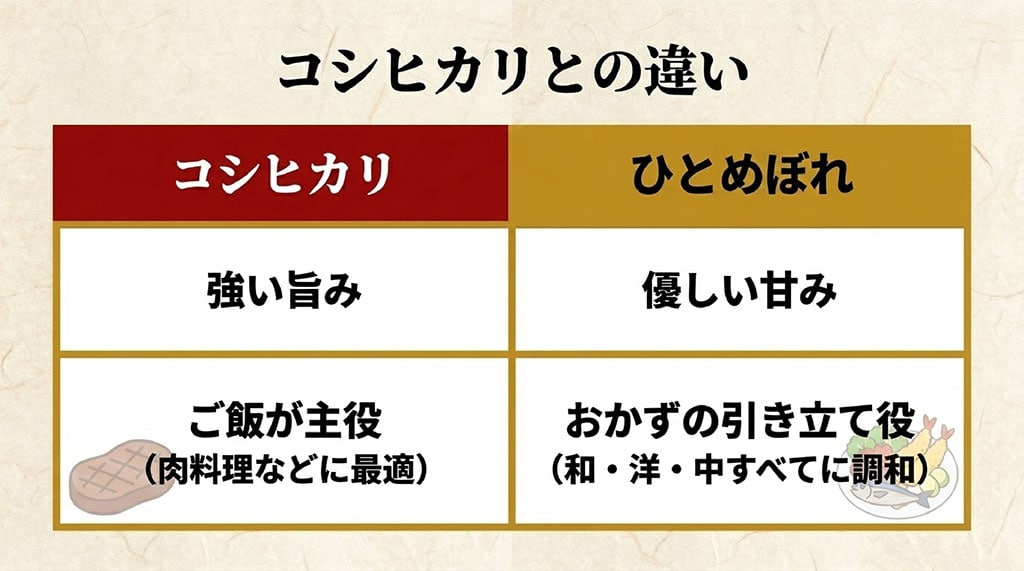コシヒカリは強い旨みでご飯が主役、ひとめぼれは優しい甘みでおかずの引き立て役と説明する比較スライド