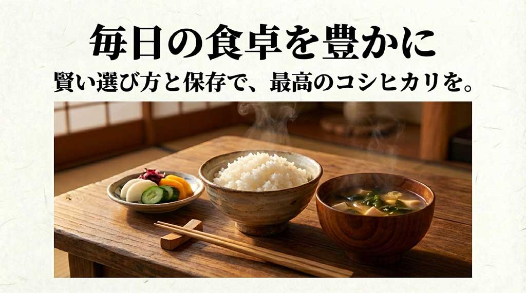 賢い選び方と保存で最高のコシヒカリを楽しみ、毎日の食卓を豊かにすることを伝えるまとめのスライド