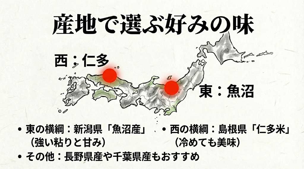 東の横綱「魚沼産（新潟）」と西の横綱「仁多米（島根）」、その他長野県や千葉県などおすすめ産地をまとめたスライド