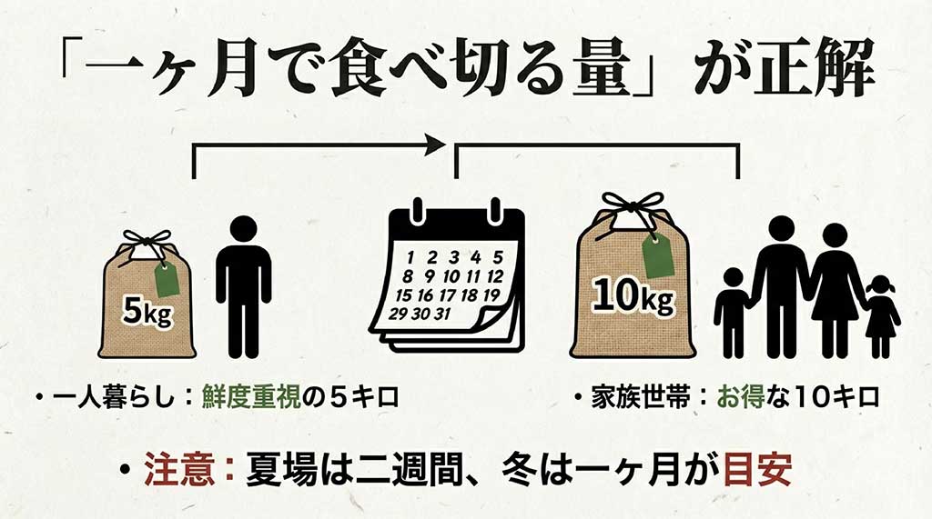 一人暮らしは5kg、家族世帯は10kgを推奨し、夏場は2週間、冬場は1ヶ月で食べ切る目安を示したカレンダー形式のスライド