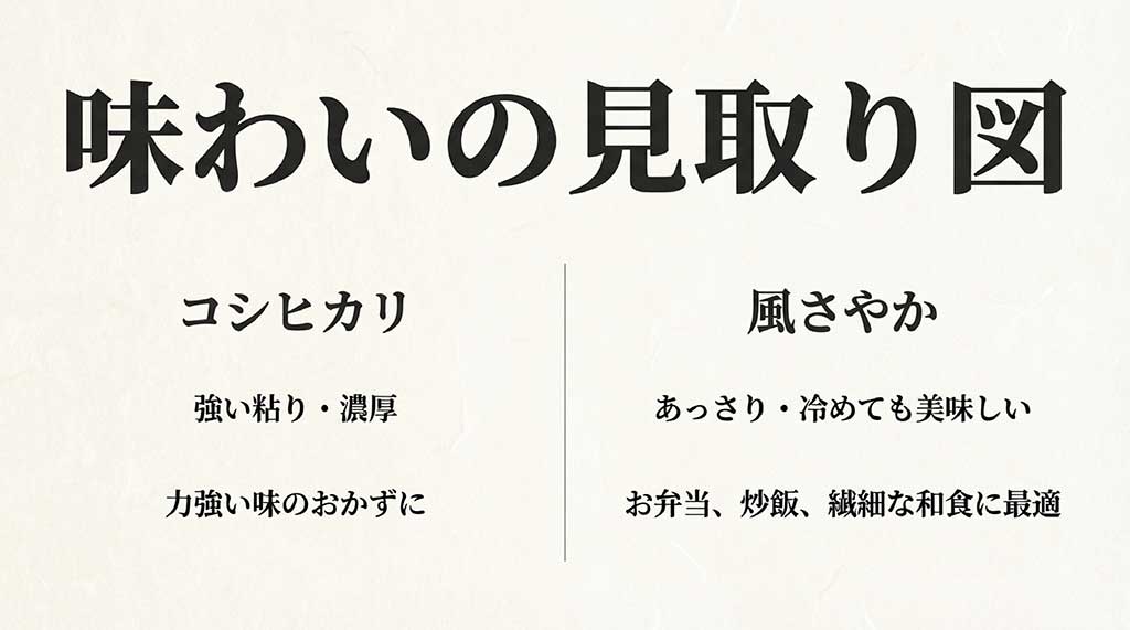 コシヒカリ(強い粘り・濃厚・力強いおかず向け)と風さやか(あっさり・冷めても美味しい・弁当や和食向け)の味わいの違いを比較した表
