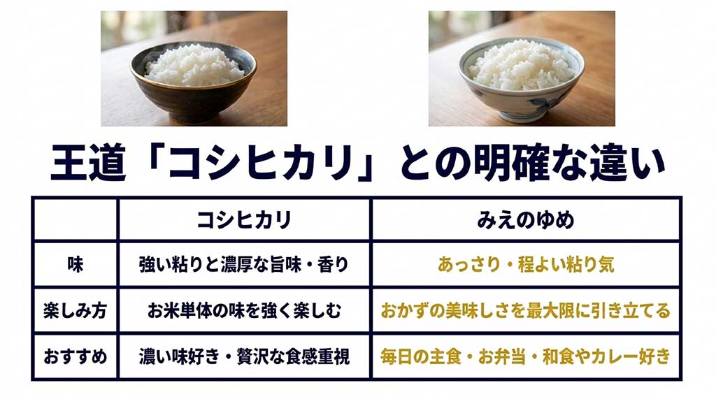 コシヒカリ（強い粘りと濃厚な旨味）とみえのゆめ（あっさり・程よい粘り気）の味、楽しみ方、おすすめな人を比較した表と、お茶碗に盛られたご飯のイメージ