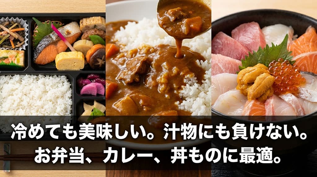 こしいぶきは冷めても美味しく、汁物にも負けないためお弁当、カレー、丼ものに最適であることを説明するスライド