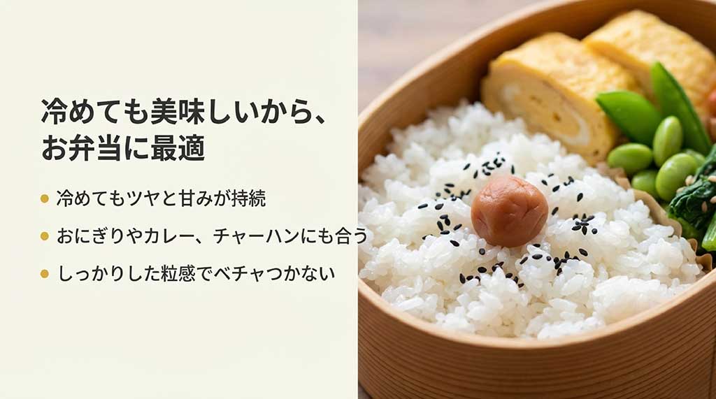 冷めてもツヤと甘みが持続し、粒感がしっかりしているためお弁当、おにぎり、カレー、チャーハンに最適であることの紹介