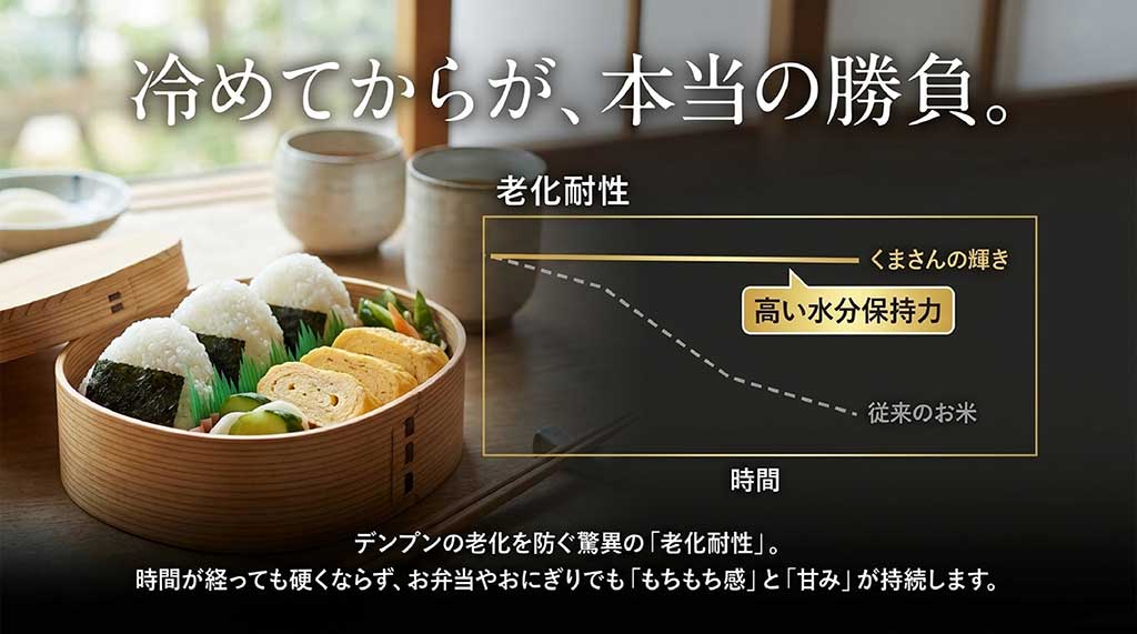 時間が経っても硬くなりにくい、くまさんの輝きの老化耐性と水分保持力のグラフ