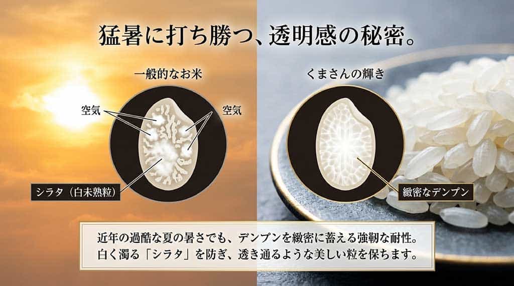 猛暑でもシラタ（白未熟粒）が発生しにくい、くまさんの輝きのデンプン構造比較
