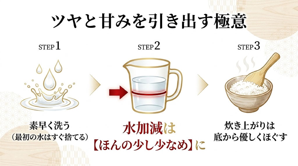 くまさんの輝きのツヤと甘みを引き出す洗米・水加減・ほぐしのコツをまとめたスライド