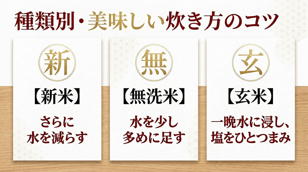 新米・無洗米・玄米の種類別に合わせた水加減と炊飯のコツをまとめた画像