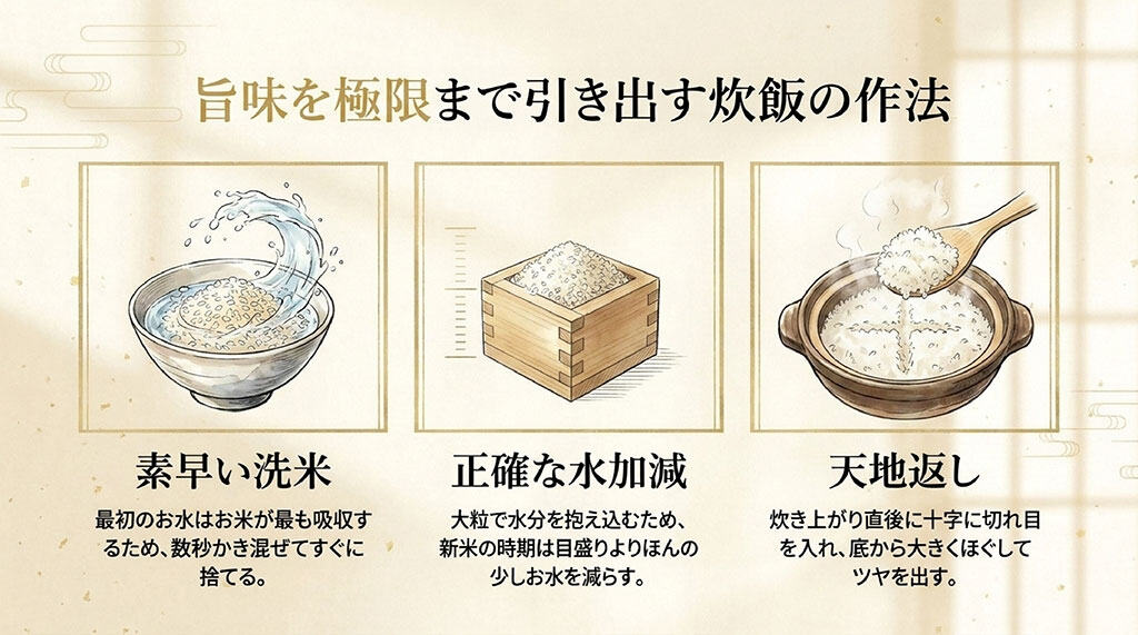 お米の洗米、計量、天地返しの様子を描いたイラストと、炊飯における3つの作法
