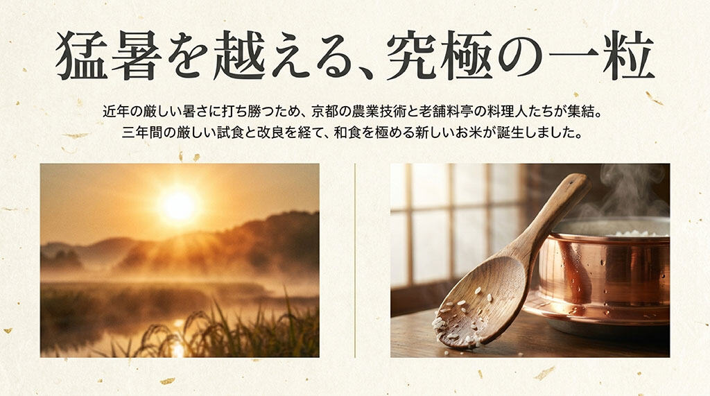炊きたてのご飯が入った鍋と木製のしゃもじ。「猛暑を越える、究極の一粒」というタイトル