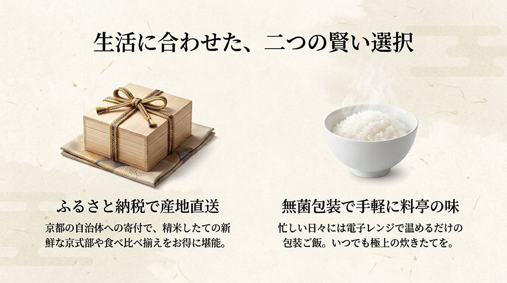 桐箱に入った贈答用お米の画像と、ふるさと納税や無菌包装ご飯の活用を勧めるテキスト