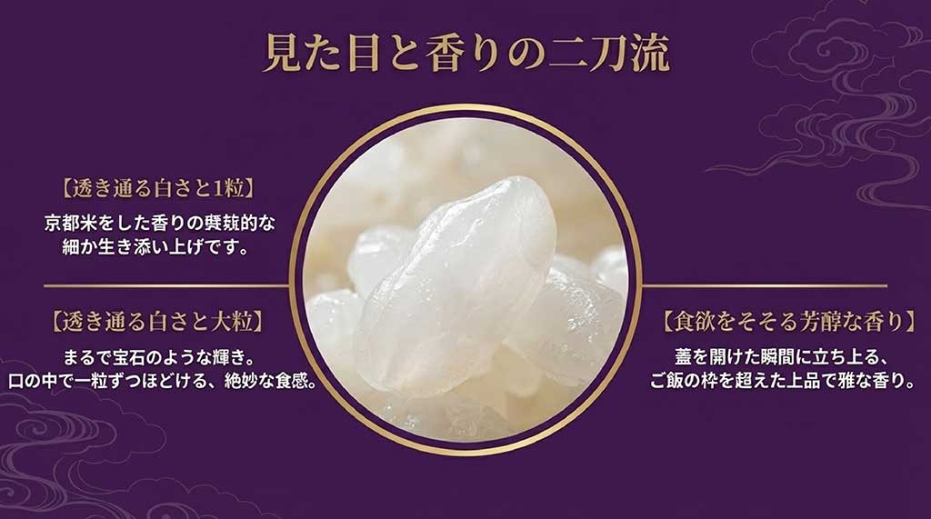 京式部のお米の見た目（透き通る白さ、大粒）と、炊きあがりの雅な香りについての解説