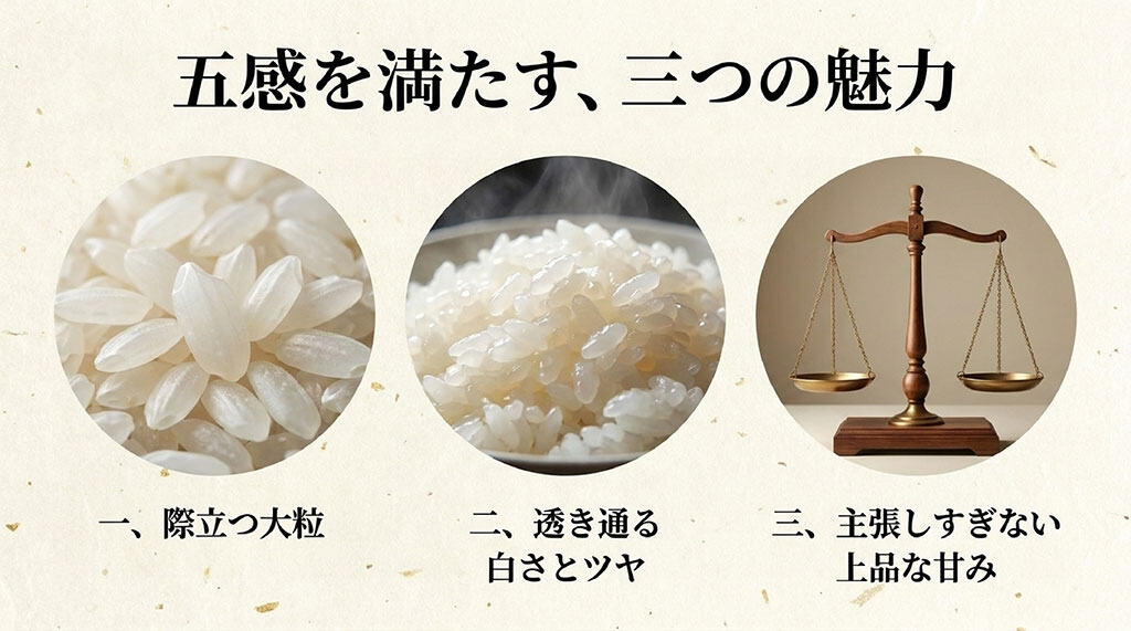 京式部の3つの魅力である「際立つ大粒」「透き通る白さとツヤ」「主張しすぎない上品な甘み」を説明するテキスト