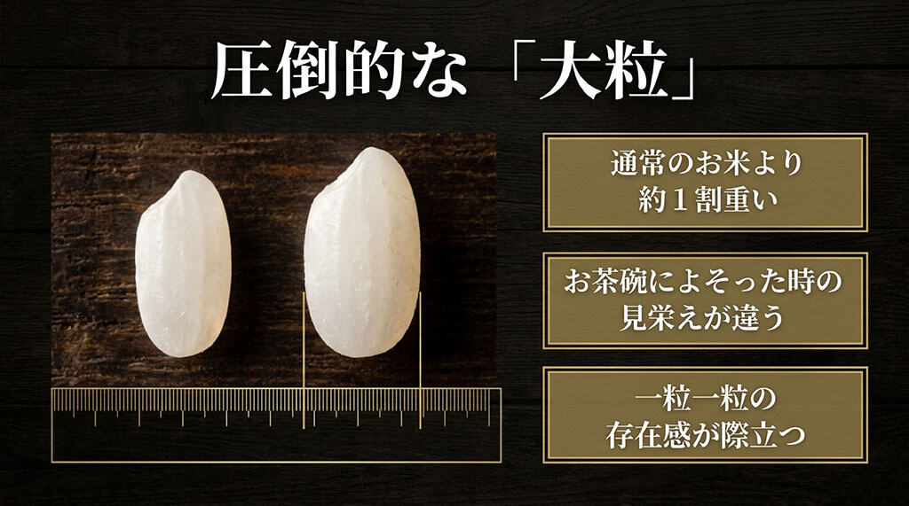 通常のお米より約1割重く、一粒一粒の存在感が際立つなど、つぶぞろいの圧倒的な大粒感を解説したスライド