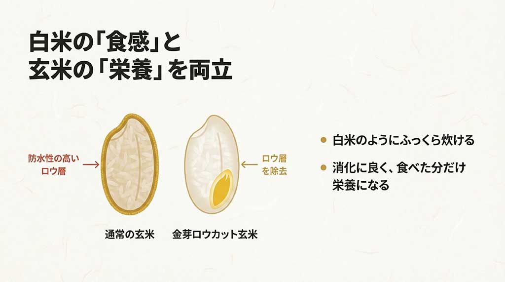 玄米の表面にある防水性の高い「ロウ層」を除去することで、白米のような食感と玄米の栄養、消化の良さを両立している仕組みの図解