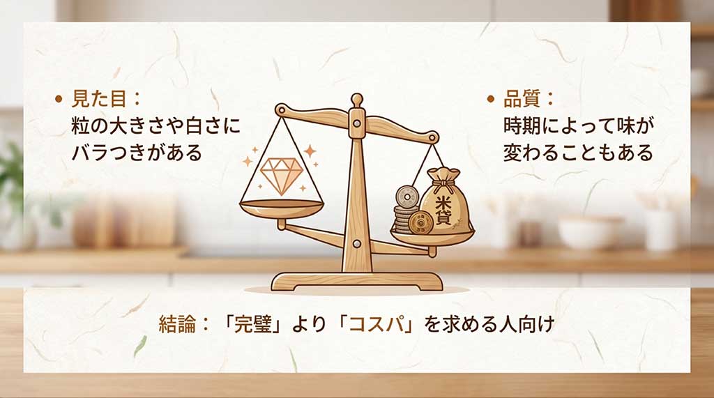粒の大きさや白さのバラつき、時期による味の変化など、「完璧」より「コスパ」を求める人向けという結論