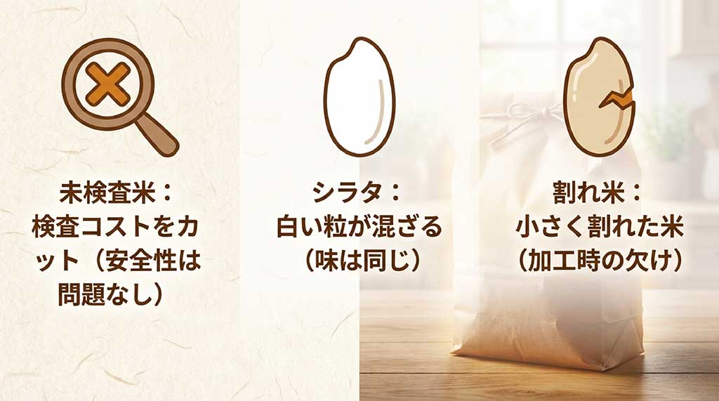 未検査米（検査コストカット）、シラタ（白い粒）、割れ米（加工時の欠け）の解説。安全性に問題がない理由