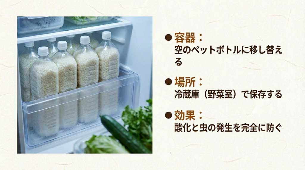 空のペットボトルに移し替え、冷蔵庫の野菜室で保存することで酸化と虫を防ぐ方法