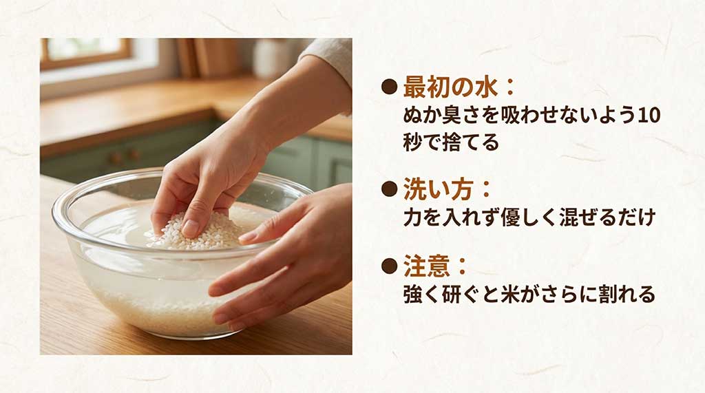 最初の水は10秒で捨てる、力を入れず優しく混ぜるなど、米が割れないための洗い方のコツ