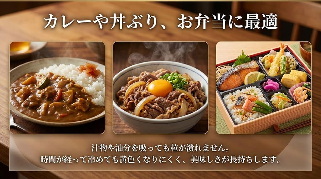 カレーや牛丼、お弁当の画像。汁物や油分を吸っても粒が潰れず、冷めても黄色くなりにくいため美味しさが長持ちすることを説明したスライド