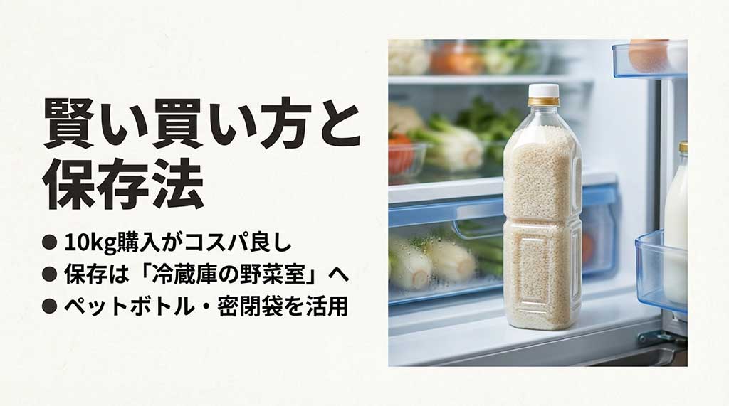 10kg購入のコスパの良さと、冷蔵庫の野菜室でペットボトルや密閉袋を使って保存する方法を推奨するスライド