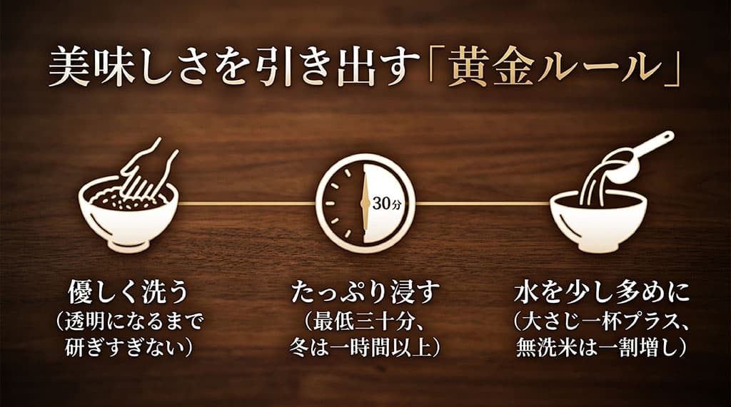 美味しさを引き出す黄金ルールとして、透明になるまで研ぎすぎずに優しく洗うこと、最低30分たっぷりと水に浸すこと、水を大さじ1杯プラスして少し多めに設定するという3つのポイントを紹介