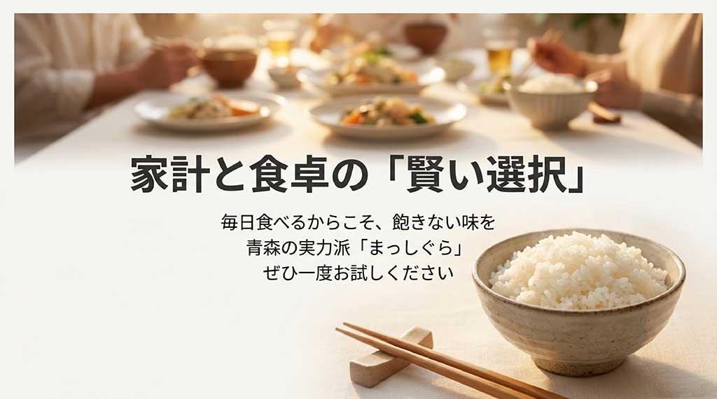 毎日食べるからこそ飽きない味を選ぼうというメッセージと、青森の実力派「まっしぐら」を勧める結びのスライド