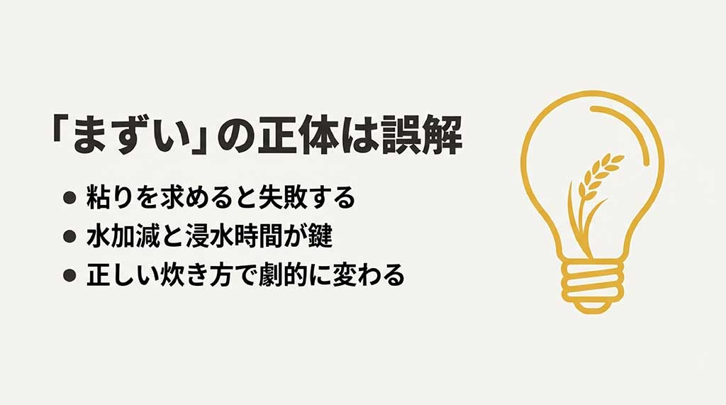 まっしぐらに粘りを求めすぎることへの注意と、水加減や浸水時間の重要性を説明する電球アイコンのスライド