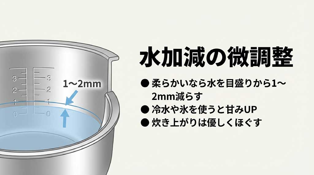 炊飯器の目盛りから1〜2mm水を減らす調整法や、冷水・氷を使う裏技を解説した図解スライド